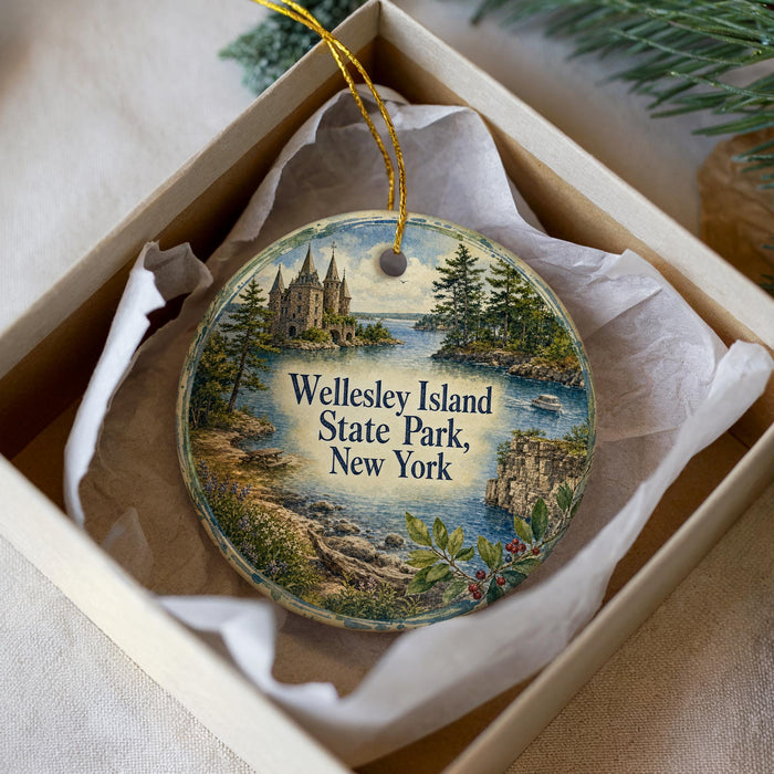 A round ornament in a box, featuring a scenic landscape with a castle, trees, and a body of water.