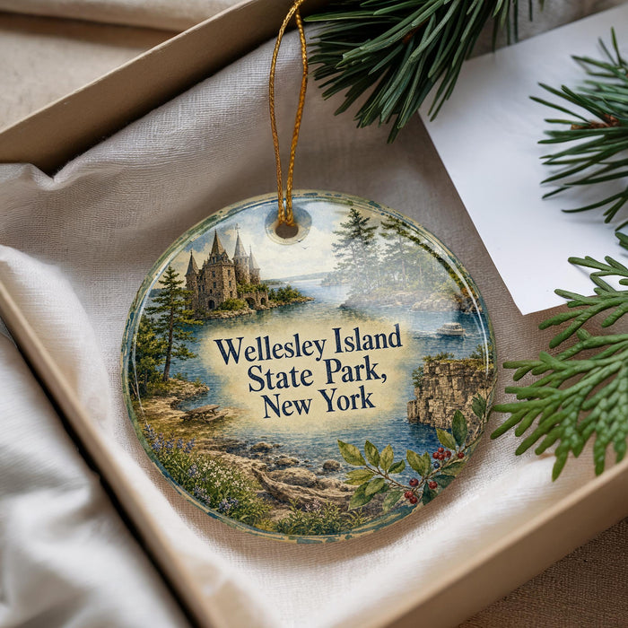 A decorative ornament with a scenic image of Wellesley Island, New York, featuring a castle, trees, and a body of water.