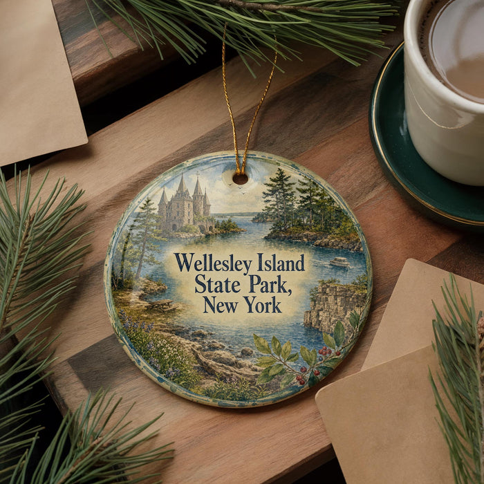 A decorative ornament featuring a scenic image of Wellesley Island State Park, New York, with a castle and a river in the background.