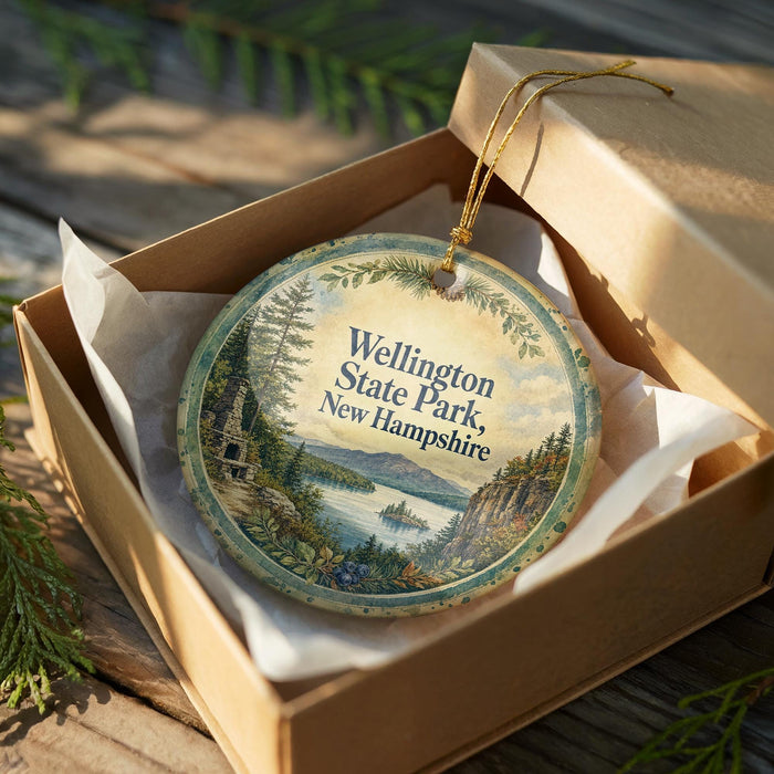 A round ornament in a box, featuring a scenic landscape with a lake, mountains, and pine trees.
