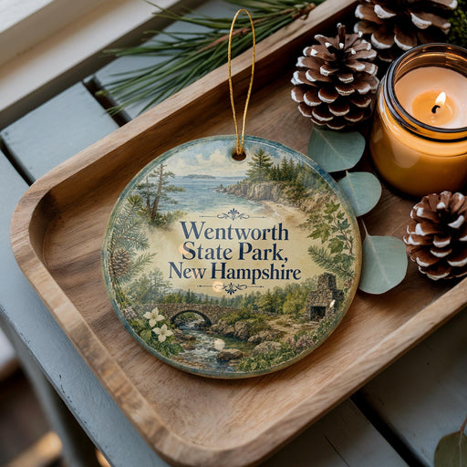 A decorative ornament featuring a scenic landscape of Wentworth State Park, New Hampshire, with pine cones and a lit candle on a wooden tray.