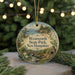 A round ornament with a scenic landscape of Wentworth State Park, New Hampshire, featuring a bridge, pine trees, and a river.