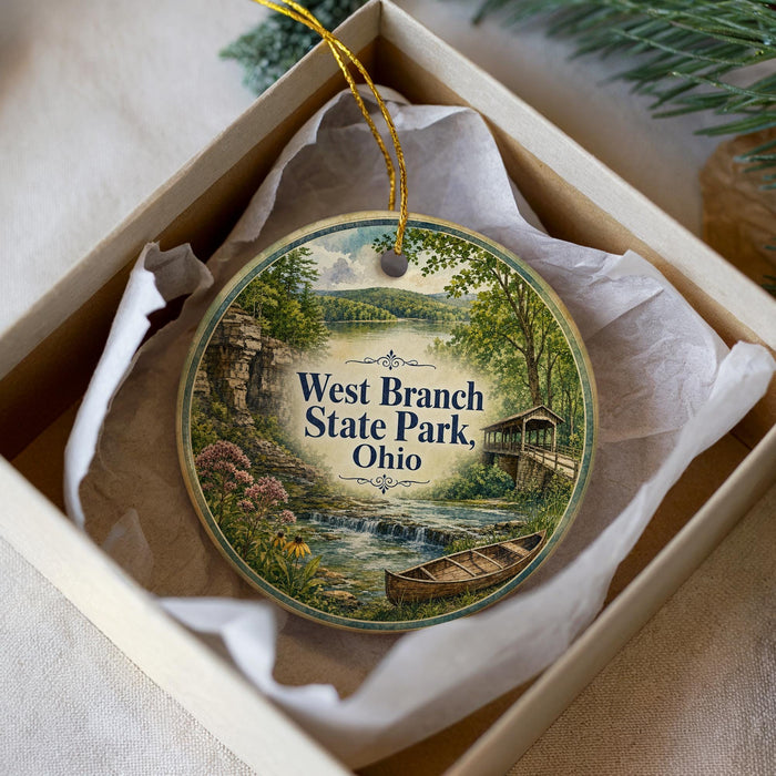 A round ornament with a scenic image of West Branch State Park, Ohio, hanging from a string.