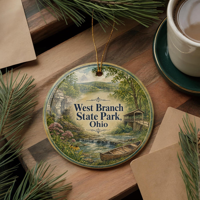 A round ornament with a scenic image of West Branch State Park, Ohio, featuring a river, trees, and a cabin, is displayed on a wooden surface alongside a cup of coffee and some pine branches.