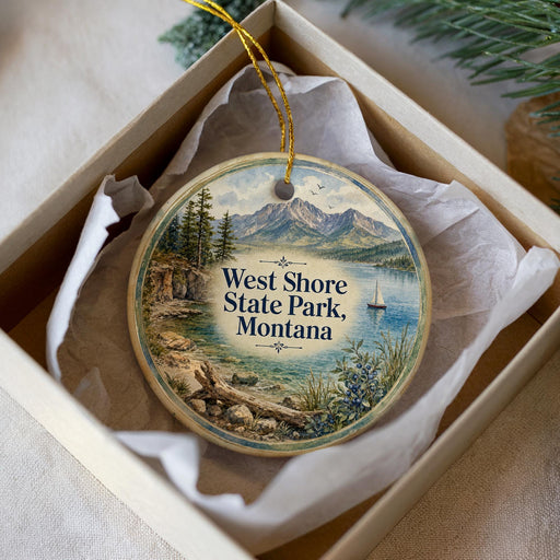 A decorative ornament in a box, featuring a scenic landscape with mountains, a lake, and a boat, along with the text "West Shore State Park, Montana".