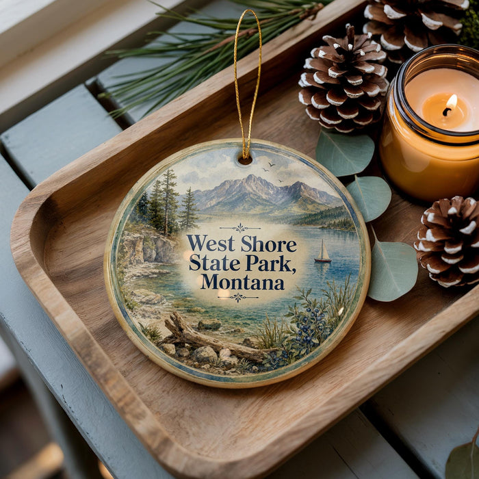 A decorative ornament featuring a scenic landscape of West Shore State Park, Montana, with a candle and pine cones on a wooden tray.