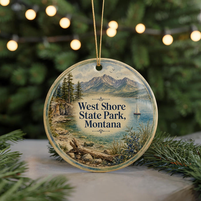 A round ornament with a scenic landscape of mountains, a lake, and pine trees, featuring the text "West Shore State Park, Montana" on it.