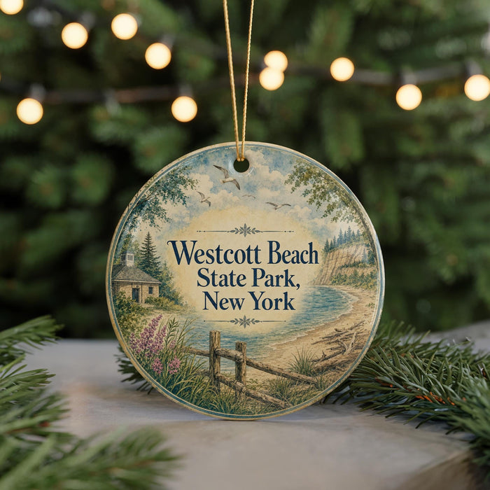 A round ornament with a painting of a beach scene, featuring a house, trees, and a body of water, hanging from a string.