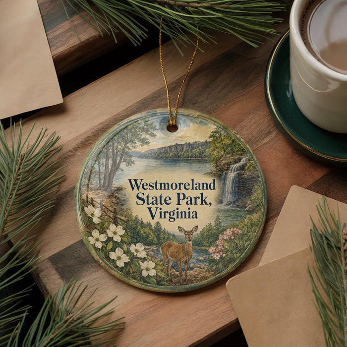 A decorative ornament featuring a deer standing in front of a scenic landscape, with the text "Westmoreland State Park, Virginia" prominently displayed.