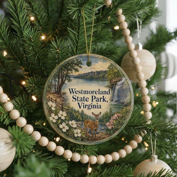 A round ornament hanging on a Christmas tree, featuring a scenic landscape with a waterfall and a deer.