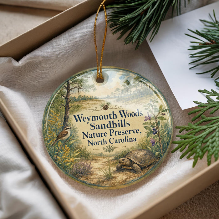 A round ornament with a nature scene, featuring a bird, a turtle, and a forest landscape, is displayed in a box with pine branches.