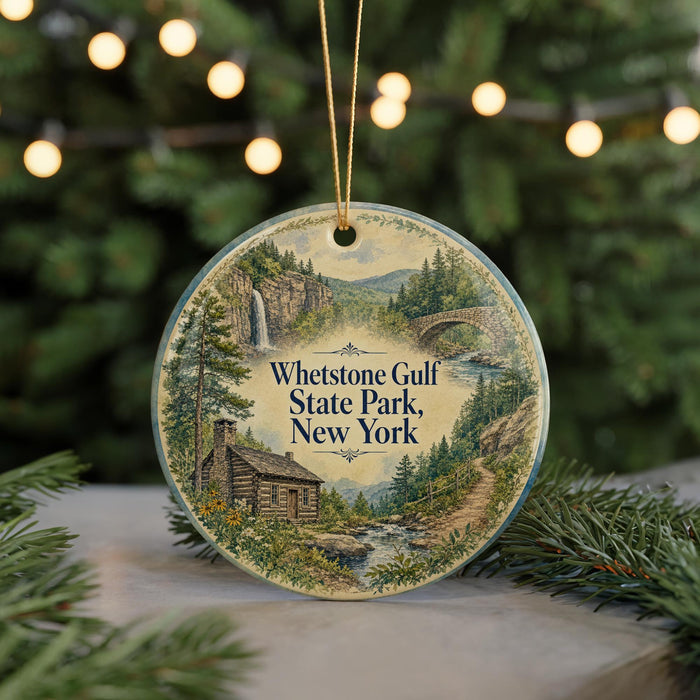 A round ornament with a scenic illustration of a cabin, waterfall, and bridge, surrounded by greenery, with the text "Wheststone Gulf State Park, New York" displayed prominently.