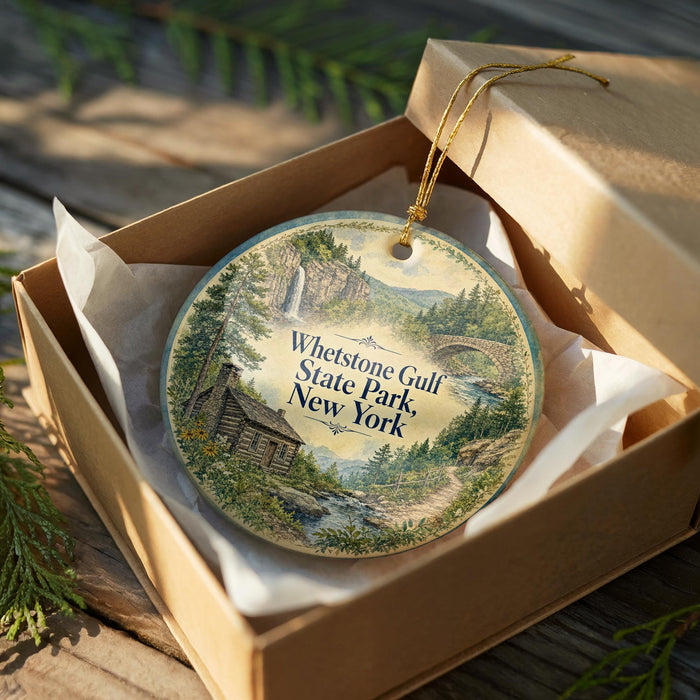 A decorative ornament in a wooden box, featuring a scenic landscape with a cabin and a waterfall.