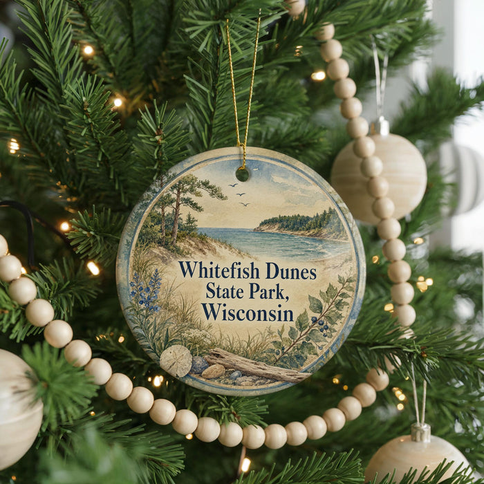 A round ornament on a Christmas tree, featuring a scenic landscape of Whitefish Dunes State Park, Wisconsin.