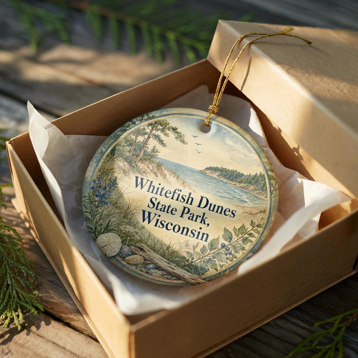 A decorative ornament in a wooden box, featuring a scenic landscape with a lake and mountains, with the text "Whitefish Dunes State Park, Wisconsin" printed on it.