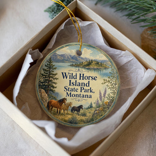 A round ornament with a scenic image of Wild Horse Island State Park, Montana, featuring horses and a lake surrounded by mountains.