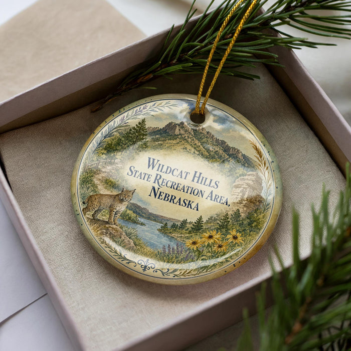 A decorative ornament in a box, featuring a landscape with mountains, trees, and a wildcat, along with the text "Wildcat Hills State Recreation Area, Nebraska".