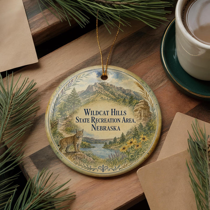 A decorative ornament with a landscape scene featuring a wildcat, pine trees, and mountains, along with the text "Wildcat Hills State Recreation Area, Nebraska".