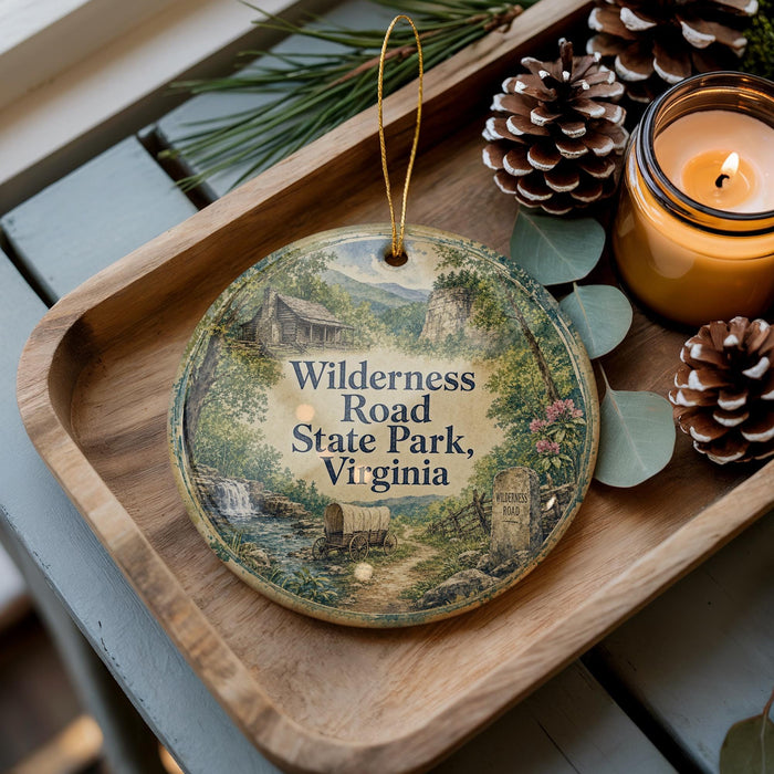 A wooden tray with a decorative ornament featuring a scenic landscape of Virginia, including a cabin and a winding path, along with pine cones and a lit candle.