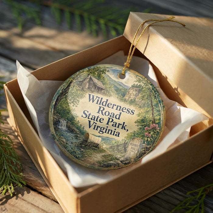 A decorative ornament in a wooden box, featuring a scenic landscape with a cabin and trees, with the text "Wilderness Road, State Park, Virginia" printed on it.
