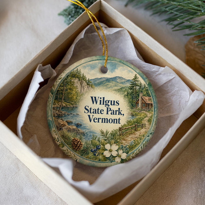 A decorative ornament in a white box, featuring a scenic landscape with mountains, a river, and a cabin.