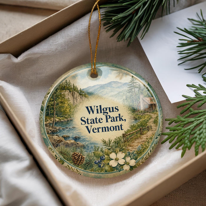 A round ornament with a scenic landscape of Wilgus State Park, Vermont, hanging from a string.