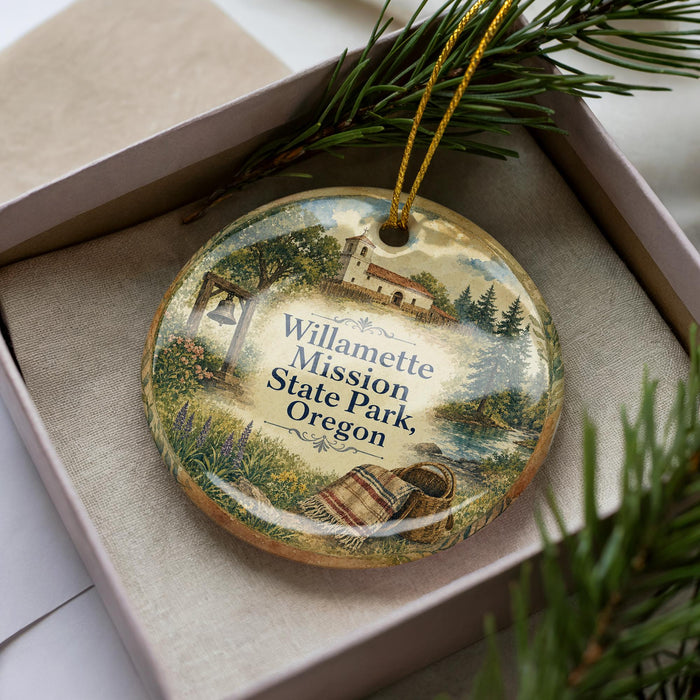 A decorative ornament in a box, featuring a scenic landscape with a bell tower, trees, and a river.