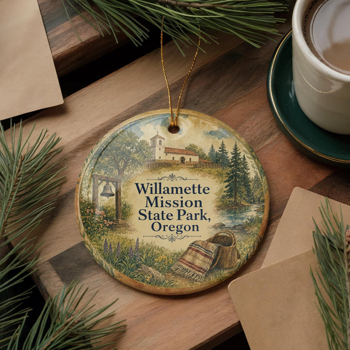 A round ornament with a painting of Willamette Mission State Park, Oregon, is displayed on a wooden surface alongside a cup of coffee and some pine branches.