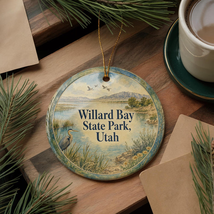 A round ornament with a scenic image of Willard Bay State Park in Utah, featuring a bird and a body of water, is displayed on a wooden surface alongside a cup of coffee and some pine branches.