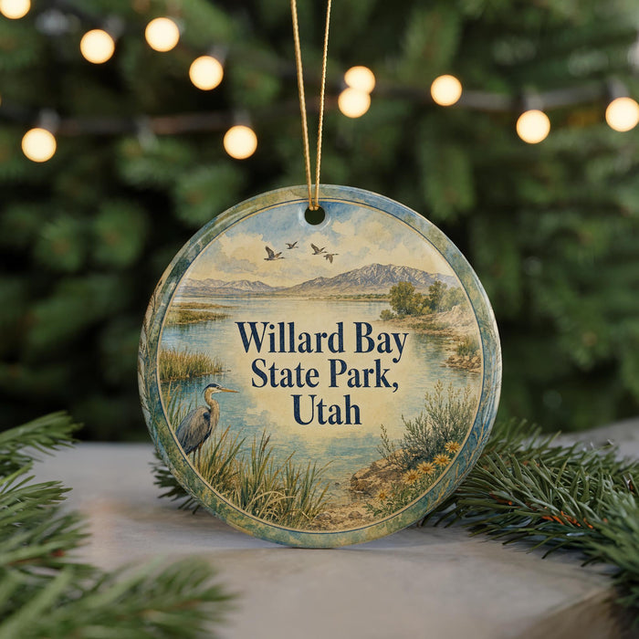 A round ornament with a scenic image of Willard Bay State Park in Utah, featuring a heron and a body of water.