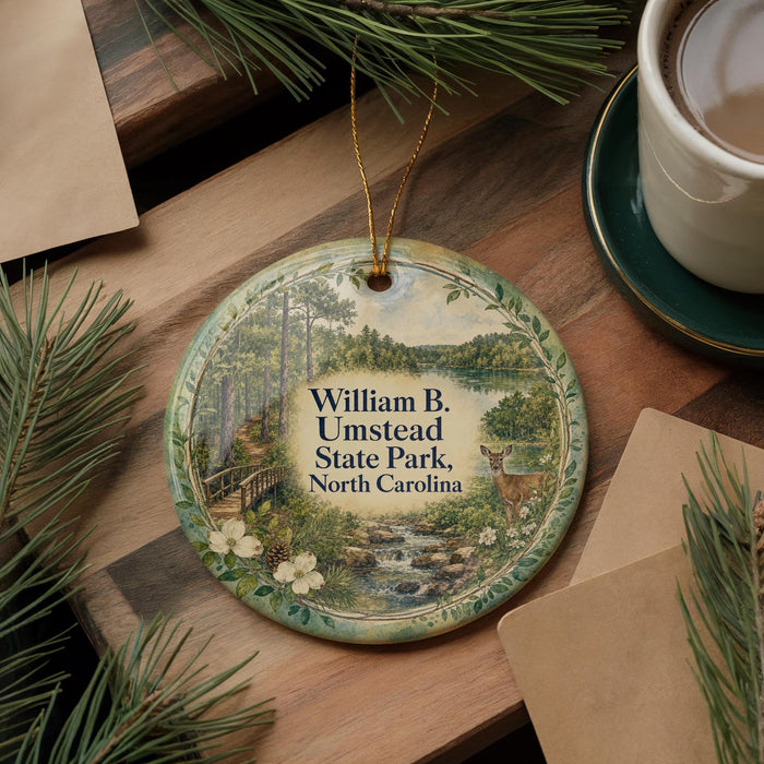 A decorative ornament featuring a scenic landscape of William B. Umstead State Park in North Carolina, with pine trees and a stream, is displayed on a wooden surface alongside a cup of coffee and some papers.