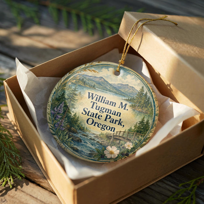 A decorative ornament in a wooden box, featuring a scenic landscape with mountains, trees, and a river.
