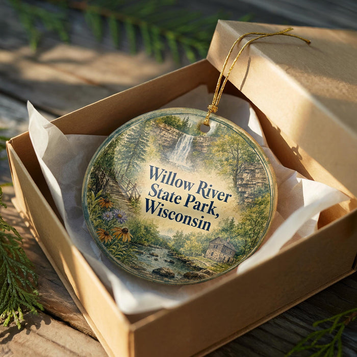 A round ornament in a brown box, featuring a scenic image of the Willow River State Park in Wisconsin.