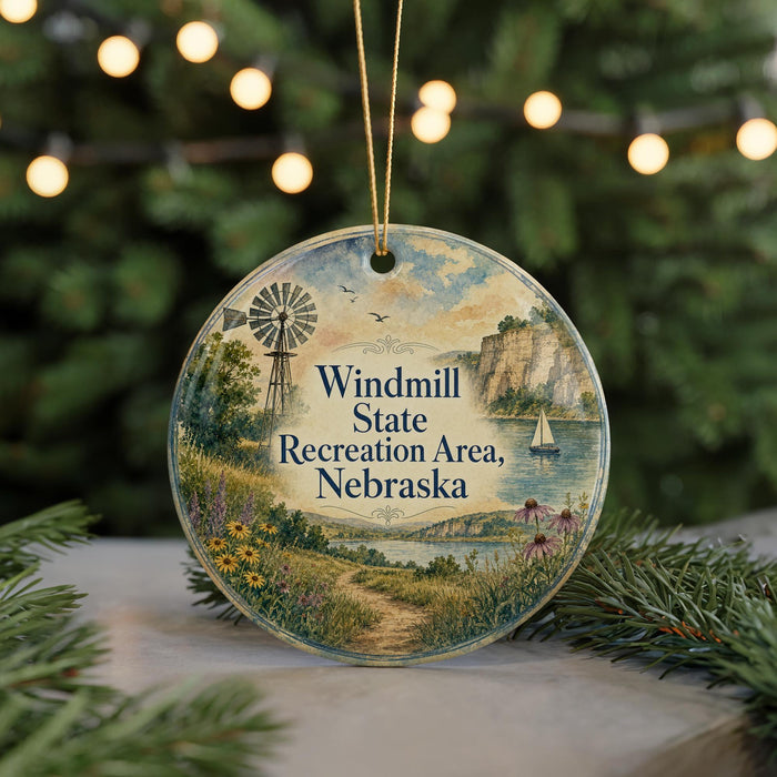 A round ornament with a scenic landscape featuring a windmill, a sailboat, and a path leading to a lake, surrounded by greenery and a string of lights.