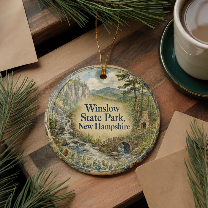 A decorative ornament featuring a scenic landscape of Winslow State Park in New Hampshire, with a waterfall and forest in the background.