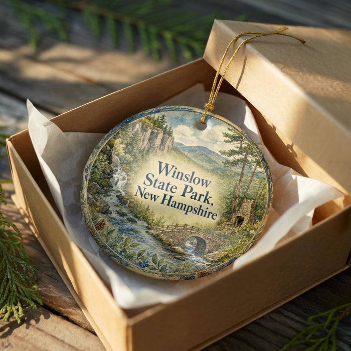 A circular ornament in a brown box, featuring a scenic landscape with a river, mountains, and a bridge.