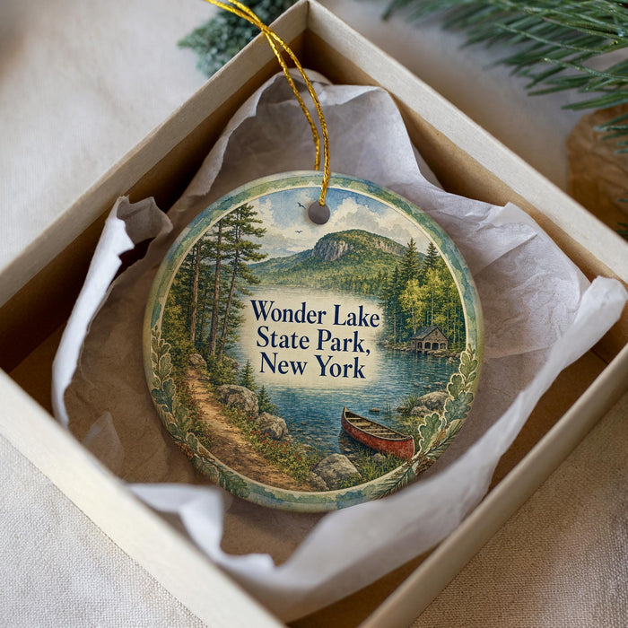 A decorative ornament in a box, featuring a scenic landscape with a lake, mountains, and a boat, with the text "Wonder Lake State Park New York" prominently displayed.