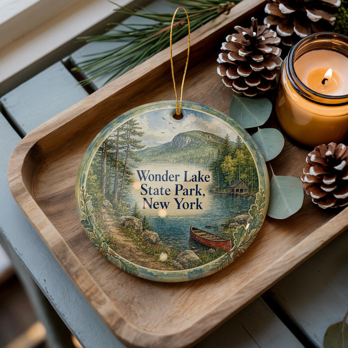 A wooden tray with a decorative ornament featuring a scenic landscape of Wonder Lake State Park, New York, and a small boat on the water. The ornament is surrounded by pine cones and a lit candle, creating a cozy and festive atmosphere.