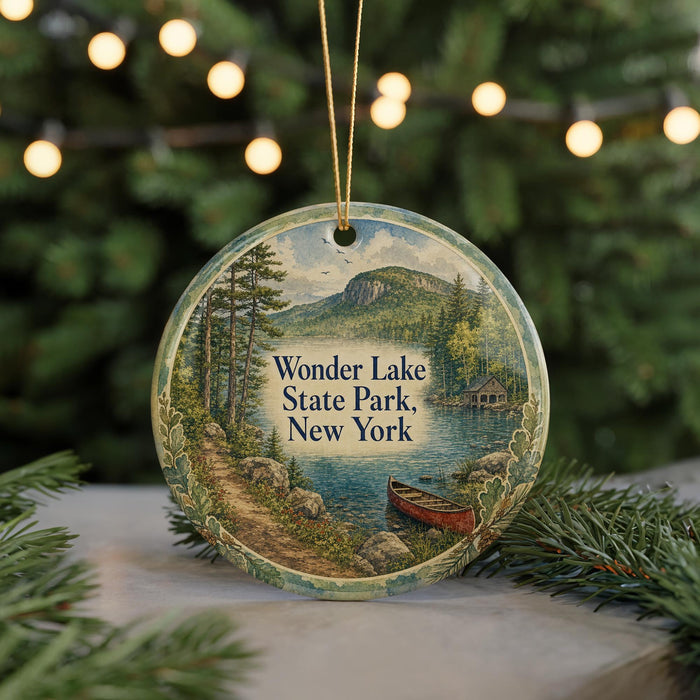 A round ornament with a scenic landscape of Wonder Lake State Park, New York, featuring a canoe on the lake and a mountain in the background.