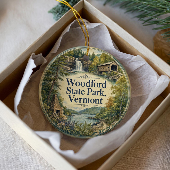 A round ornament with a scenic image of Woodford State Park, Vermont, displayed in a box with a white tissue paper lining.
