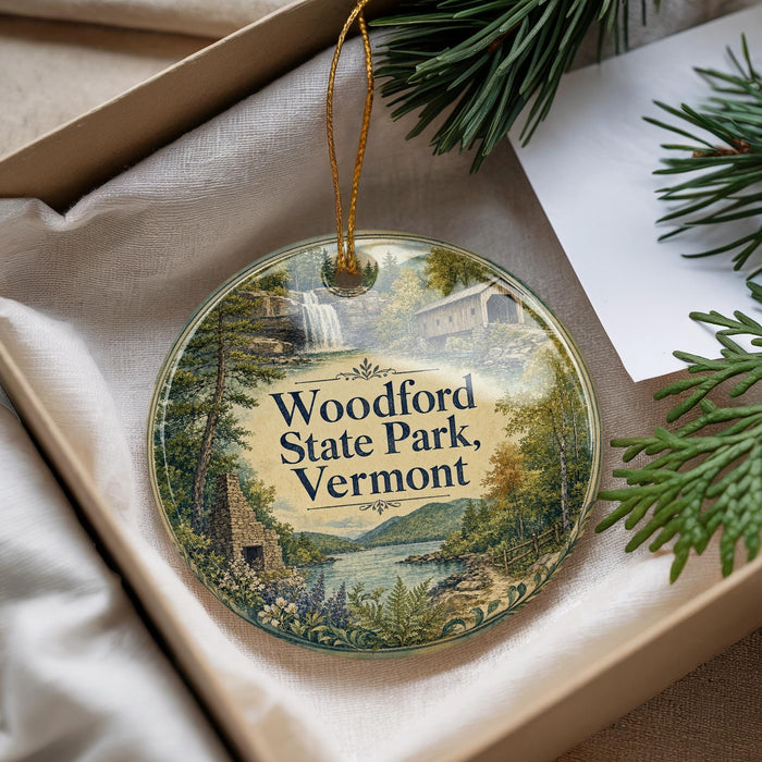 A decorative ornament with a scenic landscape of Woodford State Park, Vermont, hanging from a string.