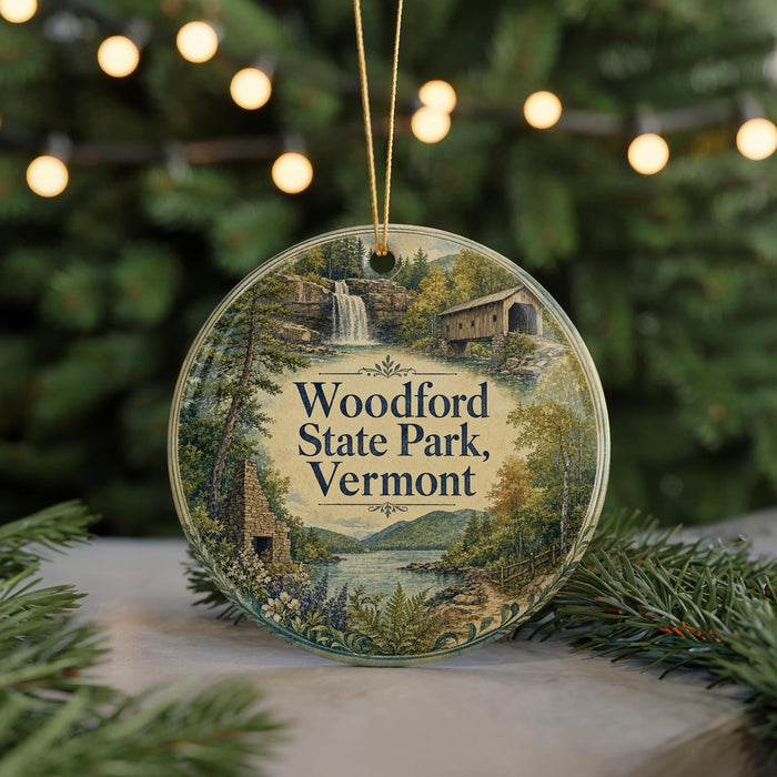 A round ornament with a scenic image of Woodford State Park, Vermont, featuring a waterfall, a bridge, and a forest.