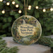 A round ornament with a scenic image of Woodford State Park, Vermont, featuring a waterfall, a bridge, and a forest.