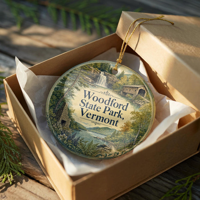 A decorative ornament in a wooden box, featuring a scenic image of Woodford State Park, Vermont.
