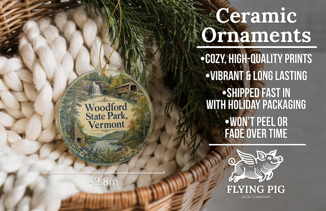 Ceramic ornaments, including a Woodford State Park ornament, are displayed in a woven basket.