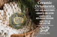 Ceramic ornaments, including a Woodford State Park ornament, are displayed in a woven basket.