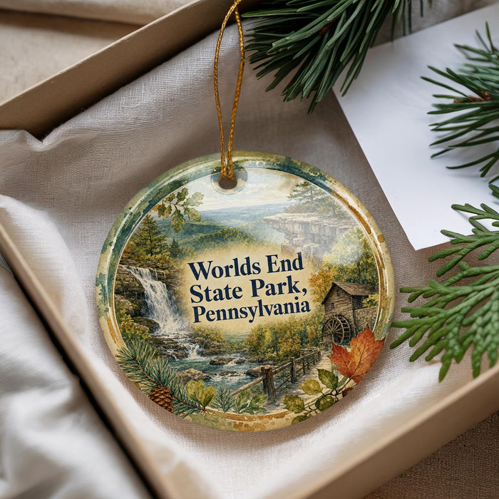 A decorative ornament with a scenic image of a waterfall and forest, featuring the text "Worlds End State Park, Pennsylvania" on it.
