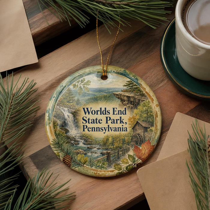 A decorative ornament featuring a scenic landscape of Pennsylvania, with a waterfall and forest, is displayed on a wooden surface alongside a cup of coffee and some pine branches.
