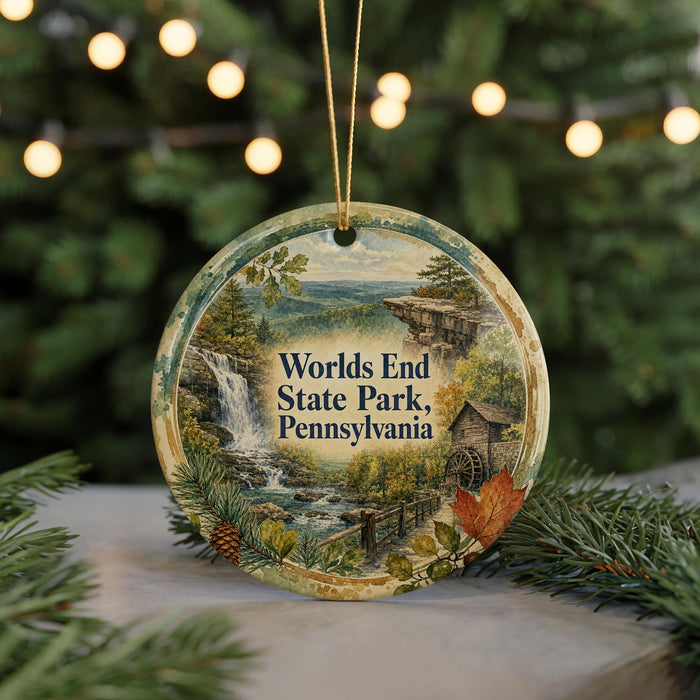 A decorative ornament featuring a scenic landscape with a waterfall, pine trees, and a bridge, hanging from a string.