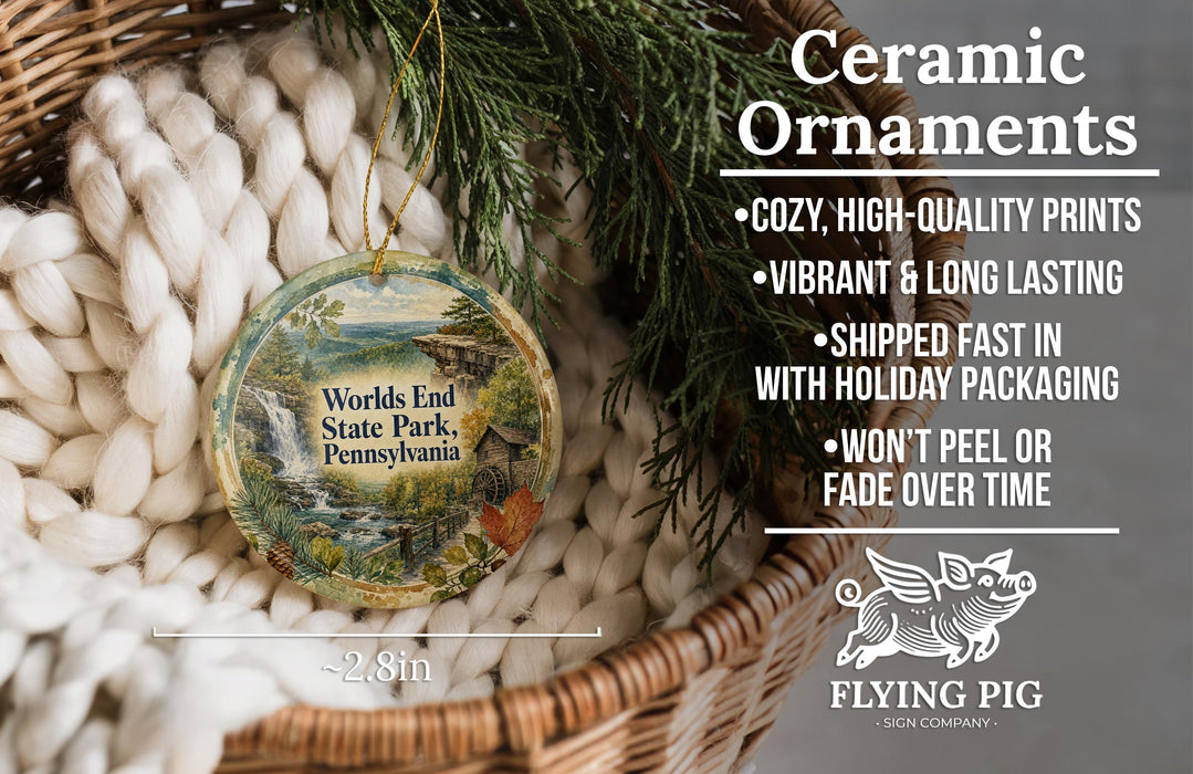 Ceramic ornaments, featuring a round ornament with a scenic image of Pennsylvania State Park, Pennsylvania, hanging from a wicker basket.